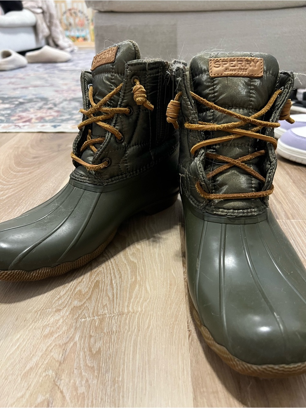 Sperry  Olive Green Lace-Up Duck Boots with Tan Accents